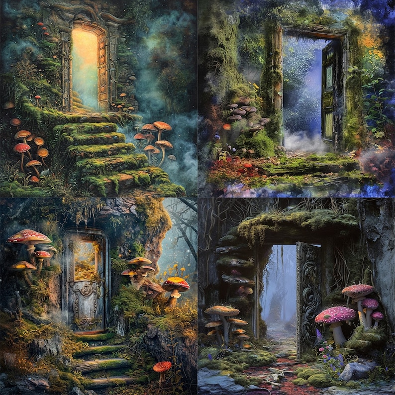 May include: A digital collage of four images featuring mossy stone archways with doors leading into a mysterious forest. Each doorway is framed by lush greenery and glowing light, with mushrooms scattered throughout the scene.