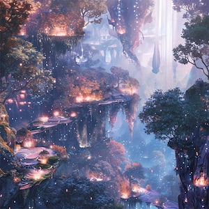 Può includere: Un paesaggio fantastico con isole galleggianti, cascate e luci brillanti. La scena è piena di vegetazione lussureggiante e un senso di meraviglia.
