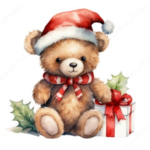 Clipart aquarelle de Noël ours en peluche, PNG Transparent, clipart ours en peluche, clipart Noël joyeux Noël téléchargement numérique