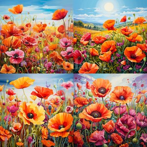 May include: A vibrant field of red, orange, and yellow poppies in full bloom. The flowers are surrounded by green foliage and a blue sky with white clouds.