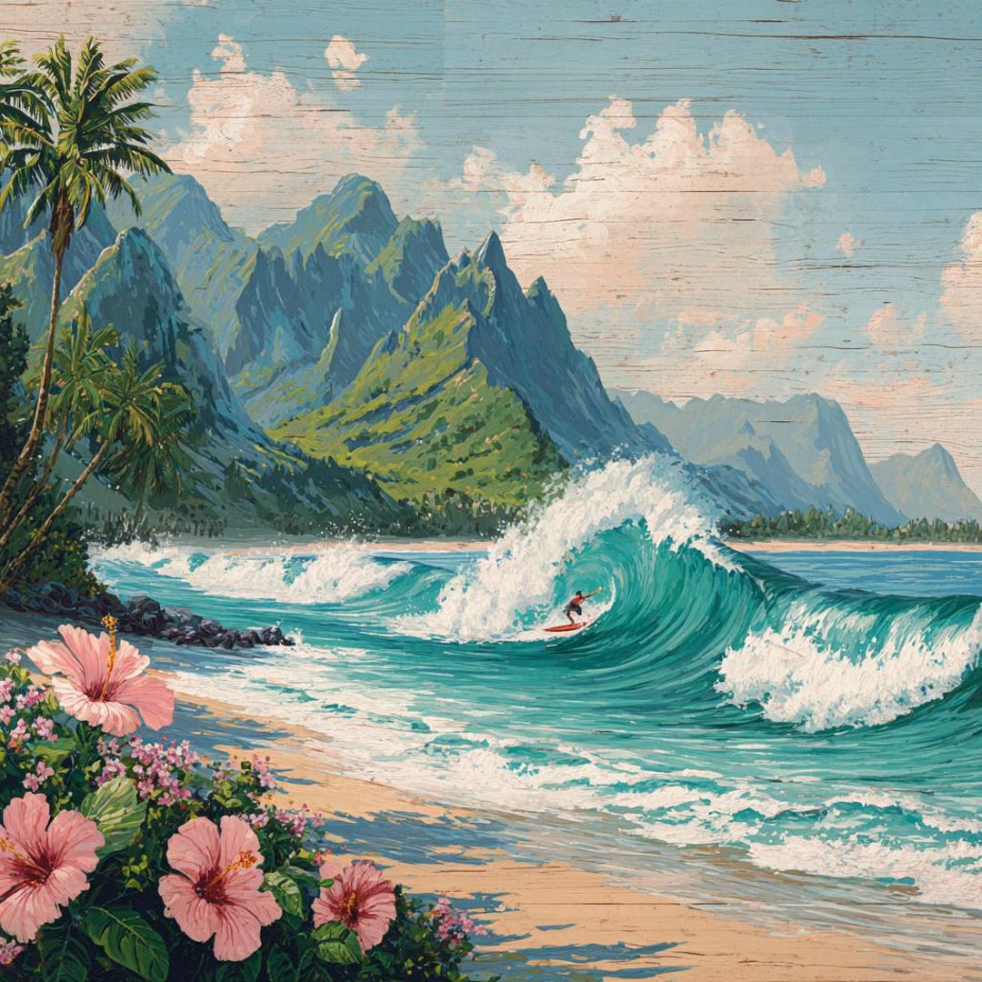 21 Hawaiian Surf Scene Digital, Tropical Island Art, Beach Wave