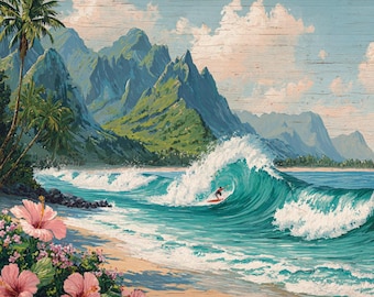 Könnte beinhalten: Ein lebendiges Gemälde einer tropischen Strandszene. Ein Surfer reitet auf einer Welle im türkisfarbenen Ozean, mit üppigen grünen Bergen im Hintergrund. Rosa Hibiskusblüten blühen am sandigen Ufer unter einem Himmel mit flauschigen Wolken.
