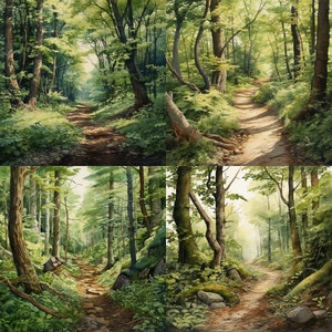 May include: A painting of four different forest scenes with paths leading through the trees. The paths are lined with green trees and foliage. The scenes are all painted in a realistic style.