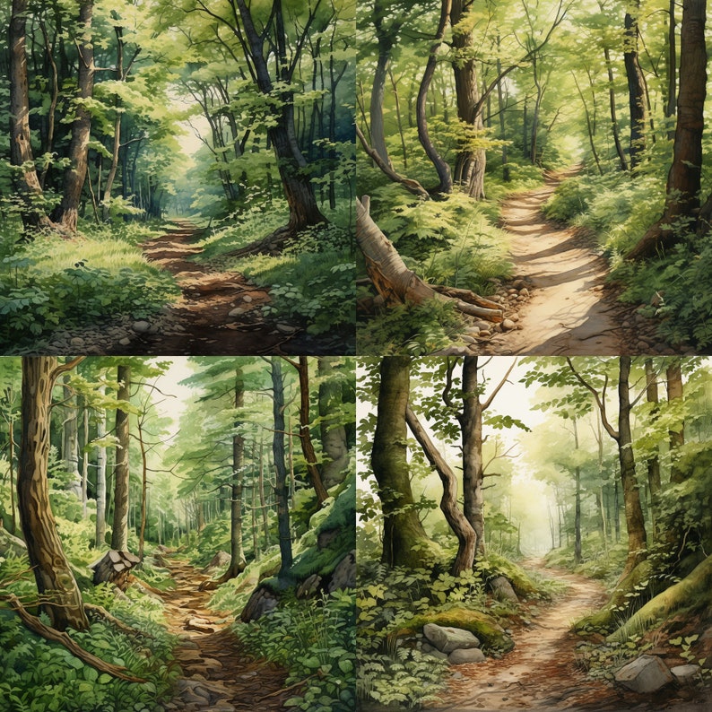 May include: A painting of four different forest scenes with paths leading through the trees. The paths are lined with green trees and foliage. The scenes are all painted in a realistic style.
