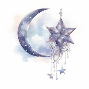 May include: A watercolour illustration of a crescent moon with a star hanging from it. The star is decorated with a silver chain and smaller stars. The background is a soft blue watercolour wash.
