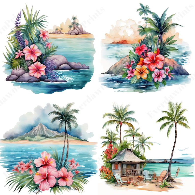 May include: Four watercolor paintings depicting tropical scenes. The first shows a rocky island with lush green foliage and pink hibiscus flowers. The second shows a rocky island with palm trees and pink hibiscus flowers. The third shows a beach with a mountain in the background and palm trees. The fourth shows a beach with a hut, palm trees, and pink hibiscus flowers.