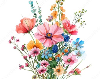 24 Watercolor Floral Bouquet Digital Print, Spring Flowers Wall Art, Instant Download, Botanical Nursery Decor, Vibrant Home Decoration