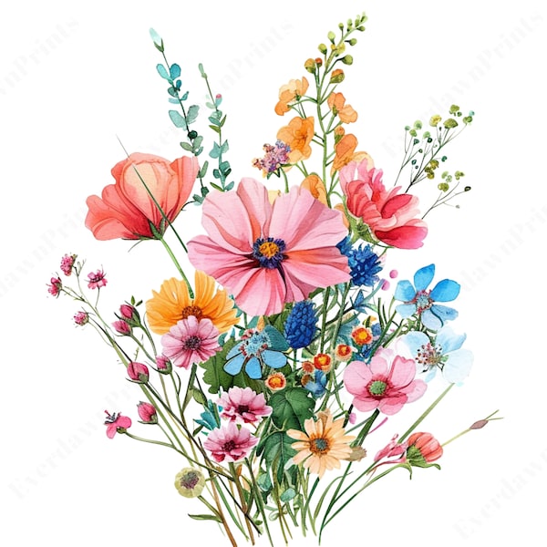 24 Watercolor Floral Bouquet Digital Print, Spring Flowers Wall Art, Instant Download, Botanical Nursery Decor, Vibrant Home Decoration