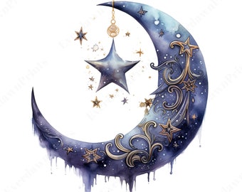 Dreamy Moons and Stars Clipart, Planets PNG (Digital Download)