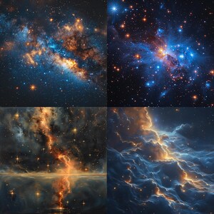 May include: A collage of four images showcasing different nebulae in space. The images feature a variety of colors, including blue, orange, and yellow, and depict swirling clouds of gas and dust.