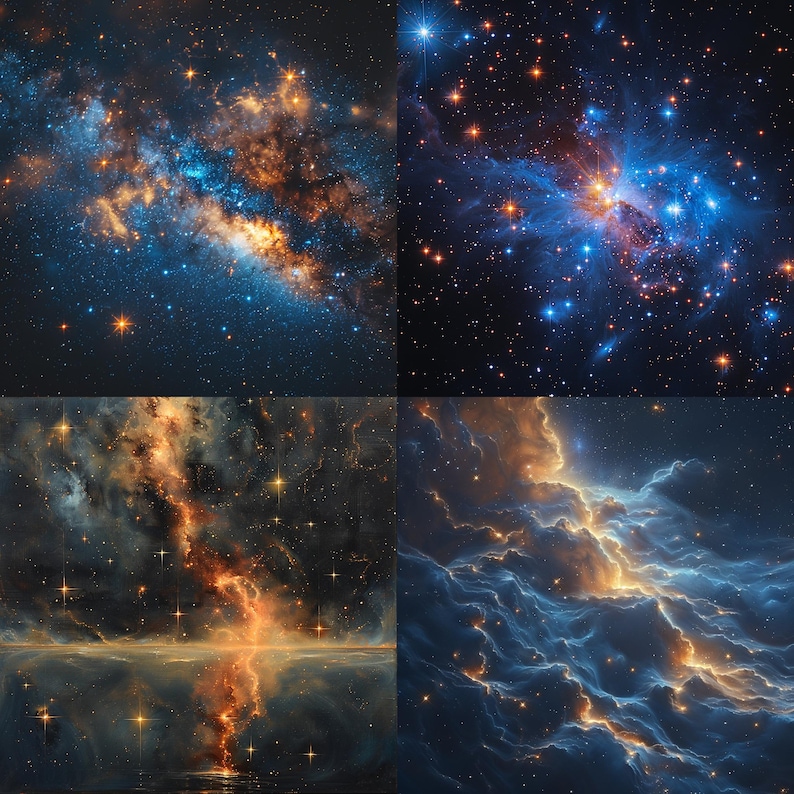 May include: A collage of four images showcasing different nebulae in space. The images feature a variety of colors, including blue, orange, and yellow, and depict swirling clouds of gas and dust.