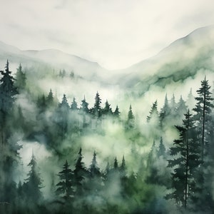 Op de afbeelding: Een aquarel schilderij van een mistige bossen sc&egrave;ne met hoge, donkergroene bomen en glooiende heuvels op de achtergrond. De mist cre&euml;ert een gevoel van mysterie en diepte, terwijl de bomen hoog en trots staan.
