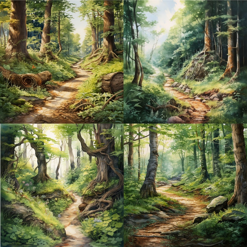 May include: A collage of four images depicting a path through a lush green forest. Each image features a different perspective of the path, with trees, foliage, and sunlight filtering through the canopy.