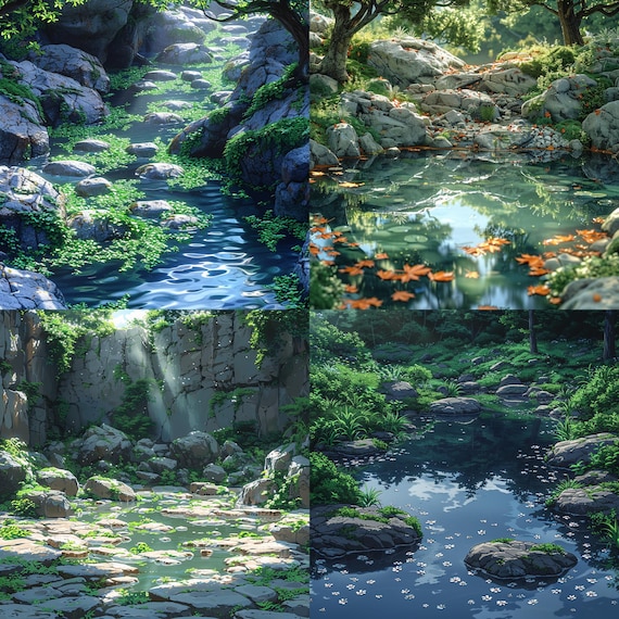 静かな湖のクリップアート24点、ファンタジーの森の風景、豊かな緑