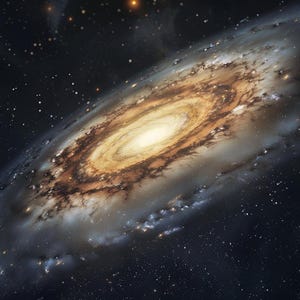 May include: A detailed illustration of a spiral galaxy, showcasing a bright, central bulge surrounded by swirling arms. The galaxy is depicted in warm tones of gold, brown, and tan, set against a dark, star-filled background. The image evokes a sense of cosmic wonder.