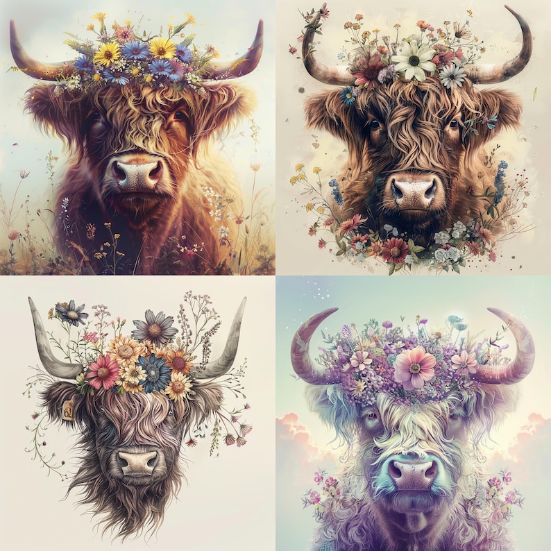 28 Highland Cow With Floral Crown Clipart, Watercolor Cow With Flowers ...