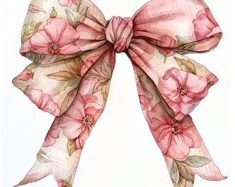 24 Floral Bow Clipart, Pink Flower Bow, Watercolor Bow, Ribbon Bow Clipart, Flower Clipart, Elegant Bow Design, Digital Download