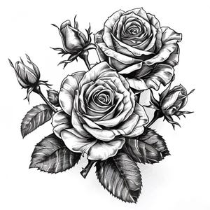 Op de afbeelding: Een zwart-witte illustratie van een boeket rozen met bladeren. De rozen zijn getekend in een realistische stijl met gedetailleerde bloemblaadjes en stelen.