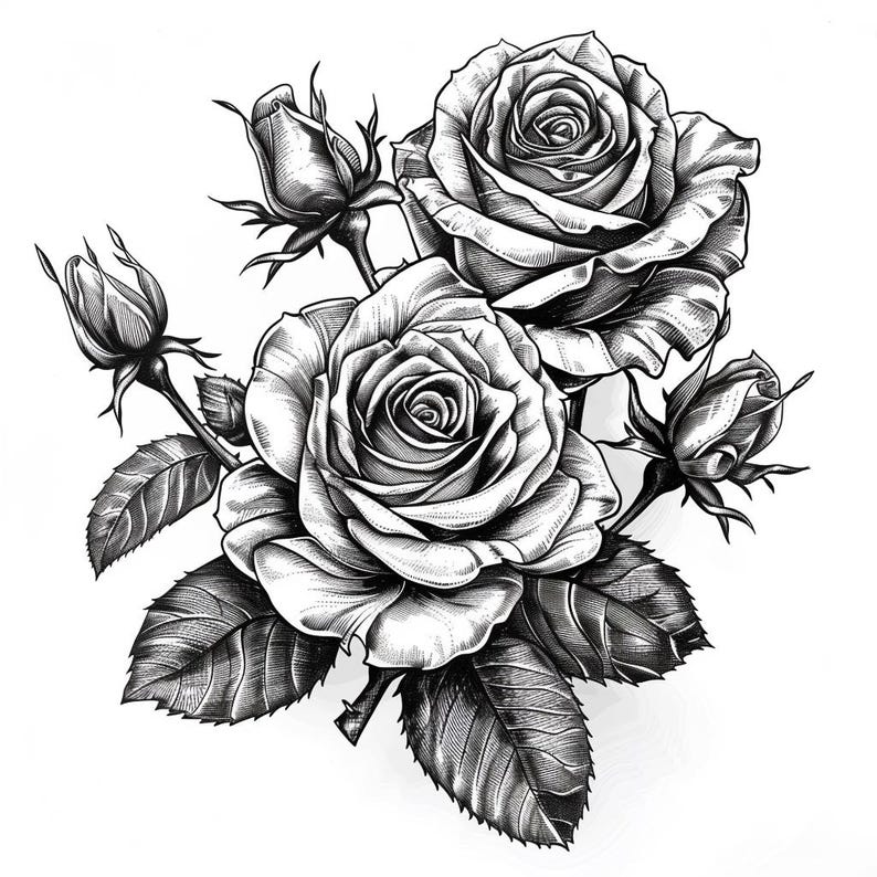 Op de afbeelding: Een zwart-witte illustratie van een boeket rozen met bladeren. De rozen zijn getekend in een realistische stijl met gedetailleerde bloemblaadjes en stelen.