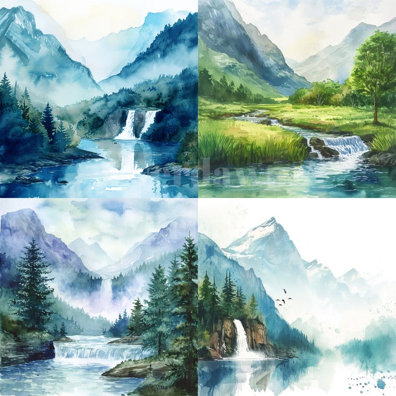 24 Trees Near River and Mountains Watercolor Clipart Foggy Forest ...