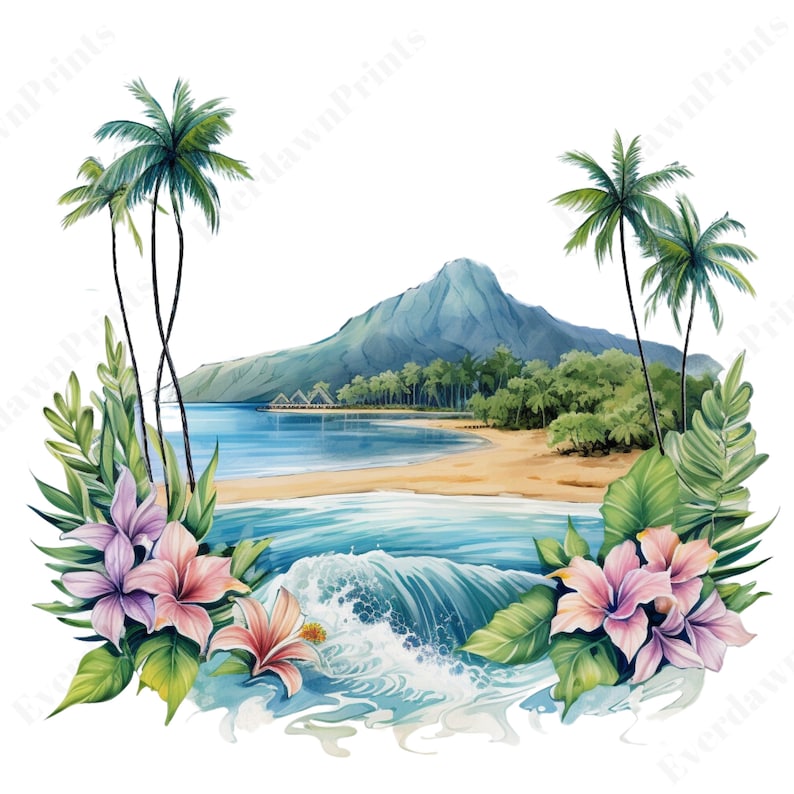 May include: A watercolor painting of a tropical beach scene with palm trees, a mountain in the background, and crashing waves. Pink flowers are in the foreground.