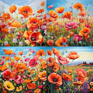 May include: A vibrant painting of a field of red poppies with green foliage and a blue sky. The poppies are in various stages of bloom, with some fully open and others still in bud.