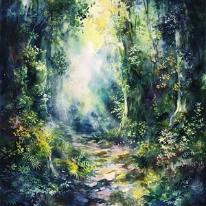 Fairy tale landscape featuring a magical forest clearing at dawn