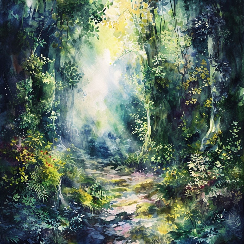 Fairy tale landscape featuring a magical forest clearing at dawn