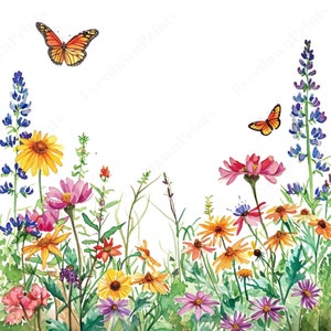 16 Watercolor Butterfly Garden Clipart, Floral Nature Artwork, Vibrant Wall Decor, Printable Botanical Illustration