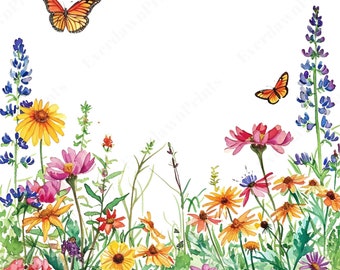 16 Watercolor Butterfly Garden Clipart, Floral Nature Artwork, Vibrant Wall Decor, Printable Botanical Illustration