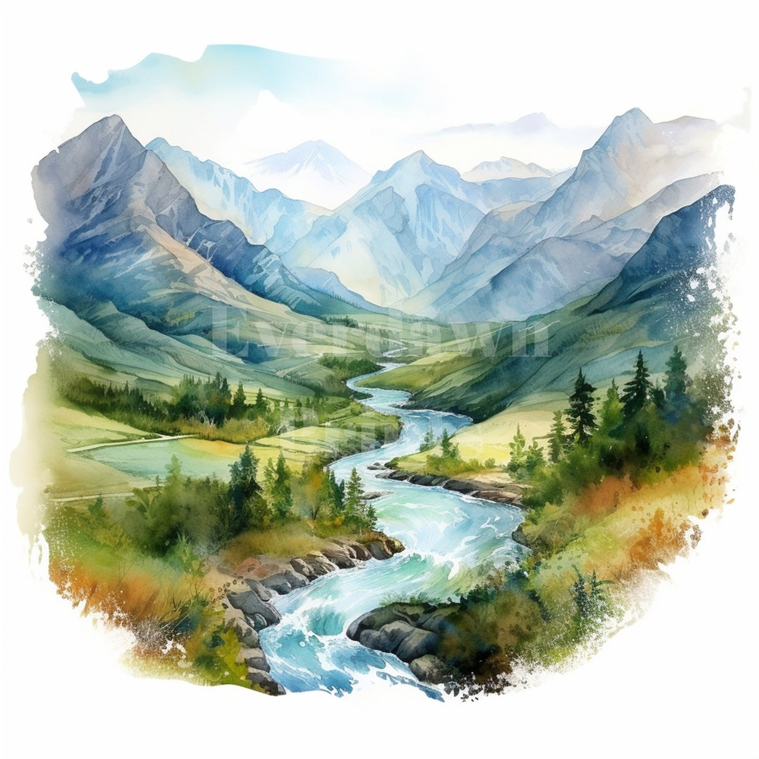 24 Watercolor Mountains With River Valley, 300 Dpi