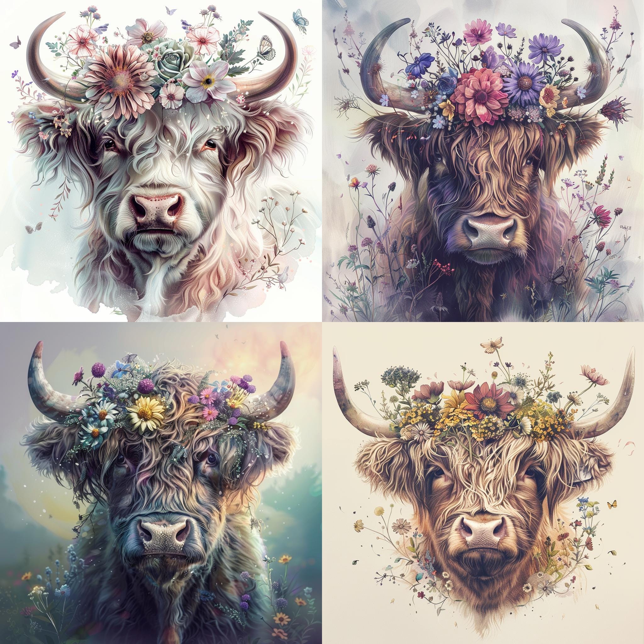 28 Highland Cow With Floral Crown Clipart, Watercolor Cow With Flowers ...