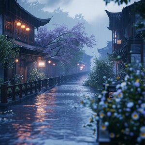 24 Enchanted Evening in Old Town Digital Wallpaper, Rainy Asian Alley Scenery, Blossoming Trees Art, Card Making, Digital Planner
