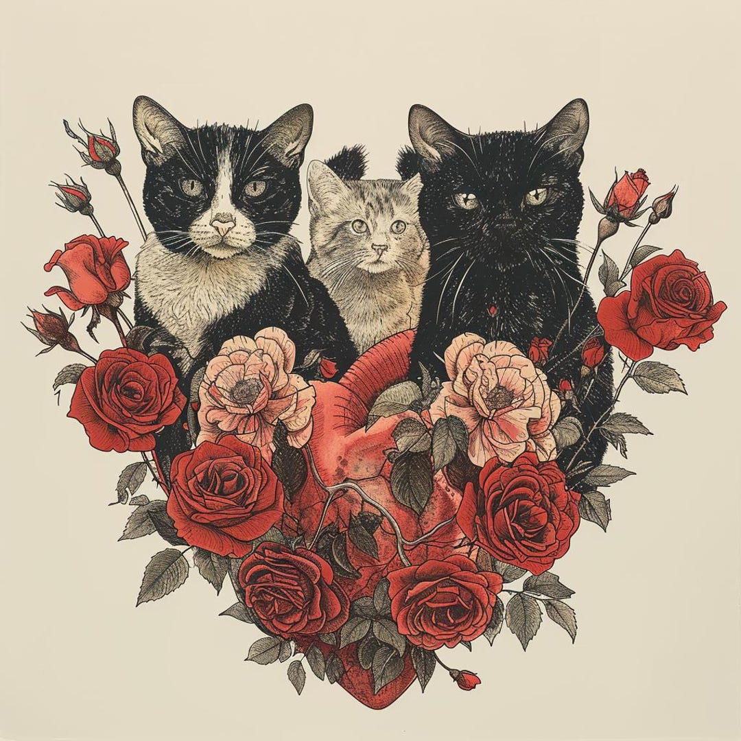 24 Three Cats Roses Clipart, Heart Flowers Image, Feline Floral Design ...