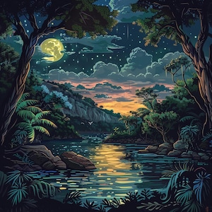 32 Clipart di cielo notturno di foresta incantata, arte di scena fantasy nella giungla, paesaggio magico al chiaro di luna, natura sognante, download digitale, clipart della foresta