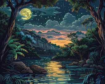 32 Enchanted Forest Night Sky Clipart, Fantasy Jungle Scene Art, Magical Moonlit Landscape, Dreamy Nature, Digital Download, Forest Clipart
