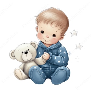 13 Watercolor Boy with Teddy Bear Clipart, Teddy Bear Clipart, Transparent PNG, Baby Shower for a boy, Card Making, Digital Planner