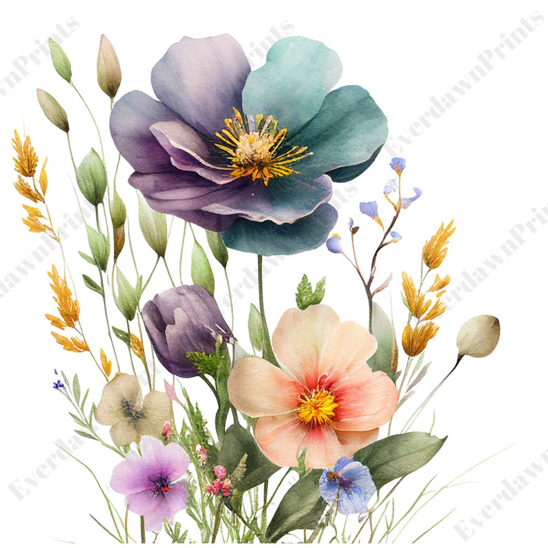 18 Watercolor Meadow Flowers Clipart High Quality PNG Card - Etsy