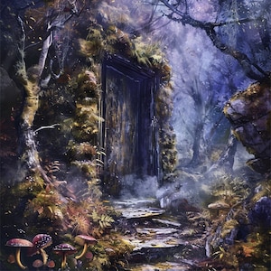 May include: A dark wooden door set into a mossy stone wall in a misty forest. The path leading to the door is made of stone steps.