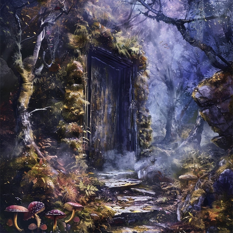 May include: A dark wooden door set into a mossy stone wall in a misty forest. The path leading to the door is made of stone steps.