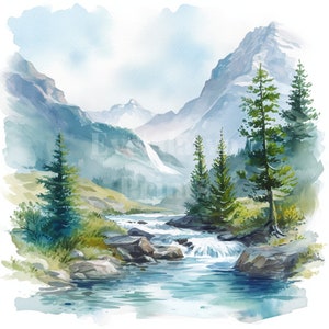 24 Bäume in der Nähe von Fluss und Bergen Aquarell Clipart - Nebliger Wald - Aquarell Wald Hintergrund - 300 dpi - Kartenherstellung - Digitaler Planer