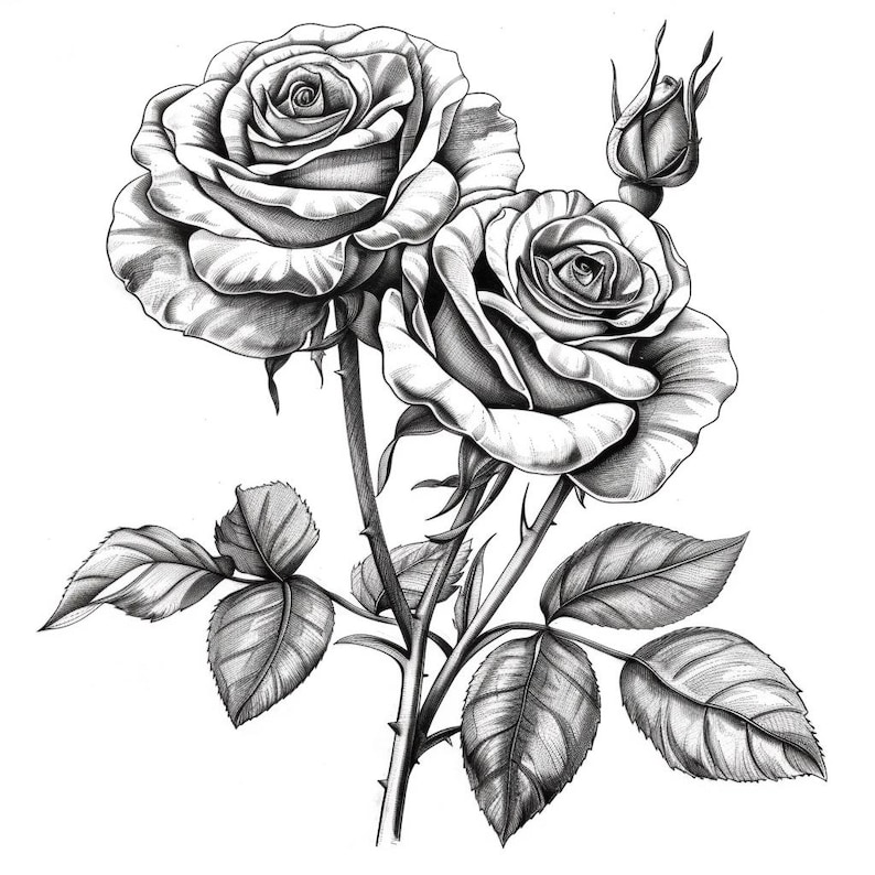Op de afbeelding: Een zwart-witte potloodtekening van twee rozen met stelen en bladeren. De rozen staan ​​in volle bloei en hebben een realistisch uiterlijk.