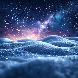 May include: A sparkling blue landscape with a starry night sky. The sky is filled with stars and a faint milky way galaxy. The landscape is made of small, glittering particles.