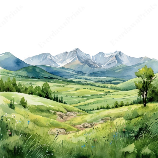 24 Watercolor Landscape with Mountains Clipart, Transparent, Watercolor Mountain Clipart,  Mountain Landscapes, High Quality PNG Card Making