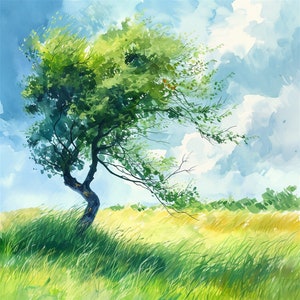 24 digitale aquarel landschapsschilderkunst, lente boom artwork, afdrukbare natuur muur decor, instant download, levendige Home Art Print