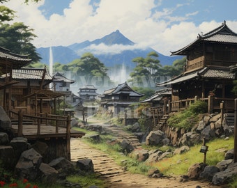 22 Watercolor Japanese Village Clipart, Watercolor Mountain Clipart,  Mountain Landscapes, High Quality PNG, Card Making, Digital Download