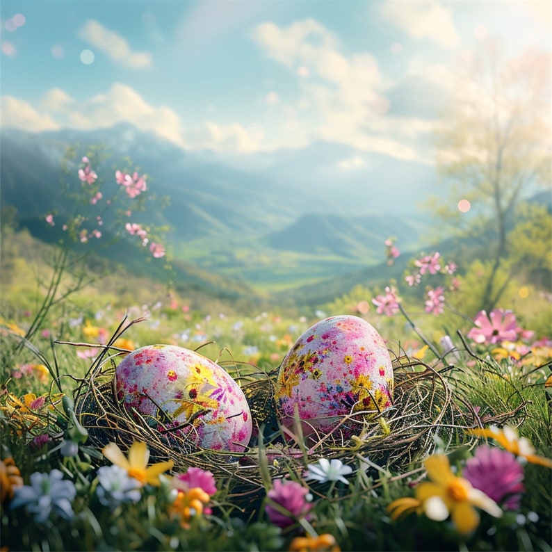 Op de afbeelding: Twee kleurrijke paaseieren in een nest van groen gras en wilde bloemen. De eieren zijn versierd met roze, gele en witte bloemenpatronen.