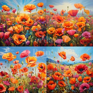 May include: A vibrant painting of a field of red poppies in full bloom. The flowers are arranged in a random pattern, with some flowers in the foreground and others in the background. The sky is a bright blue, and the sun is shining brightly. The painting is a celebration of the beauty of nature.