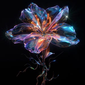 May include: A glowing, iridescent flower with a blue and purple hue. The flower has a delicate, translucent appearance and is illuminated with warm orange light. The stem is made of twisted metal.