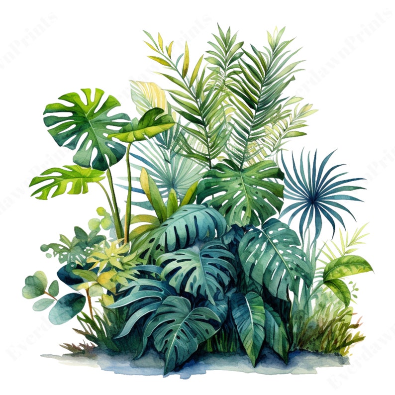 Watercolor painting of overlapping jungle leaves creating a dense canopy